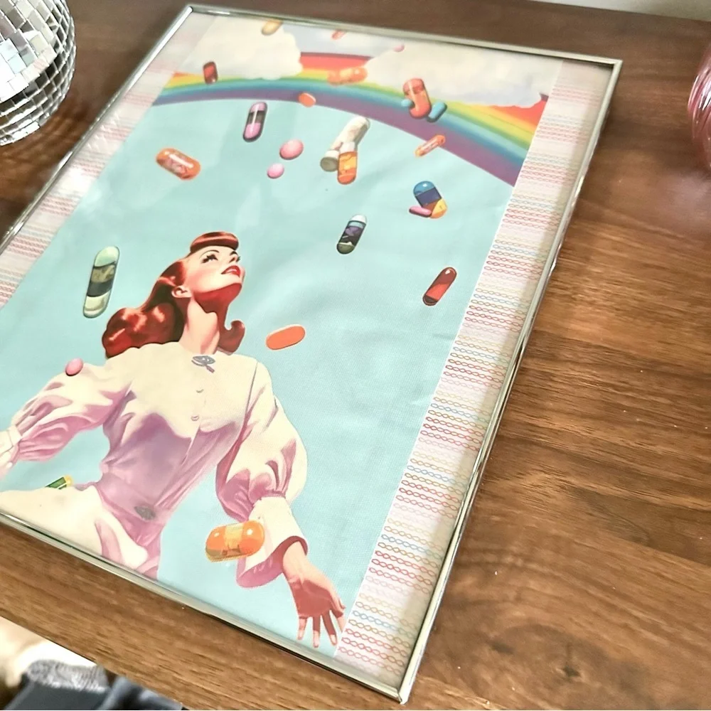 Happy Forever Rainbow Pills Raining Surreal Wall Art Framed Colorful Medication